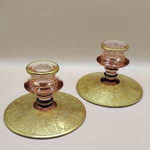 Vintage Pink Depression Glass Gold Overlay Art Deco Candle Stick Holder Pair